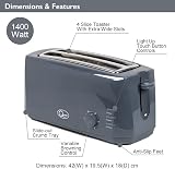 Quest 4 Slice Toaster Grey Extra Wide Long Slots 6 Settings Defrost Reheat view 3