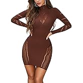 AVZXSA Women's 2025 Sexy Club Mini Dress Lace Babydoll High Neck Long Sleeve Cutout Short Bodycon Dresses
