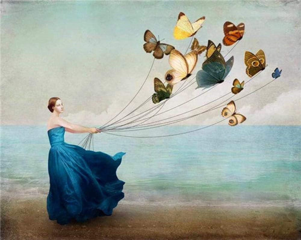 Beautiful Seaside Girl and Butterflyjigsaw Puzzle 500 Piece for Adults Puzzle 3D Wooden Classic Puzzle DIY Educational Puzzle Christmas Home Decor Gift,52X38Cm