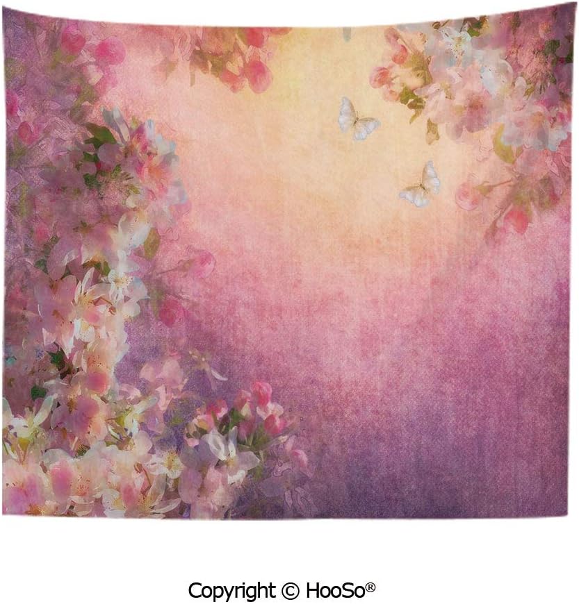 Durable Washable and Reusable tapestry wall hanging carpet 59x79in,Enchanted Cherry Blossom Petals Field Shabby Chic Floral Garden Spring Picture Decorative,Light Peach Comfy and No Strange Odor