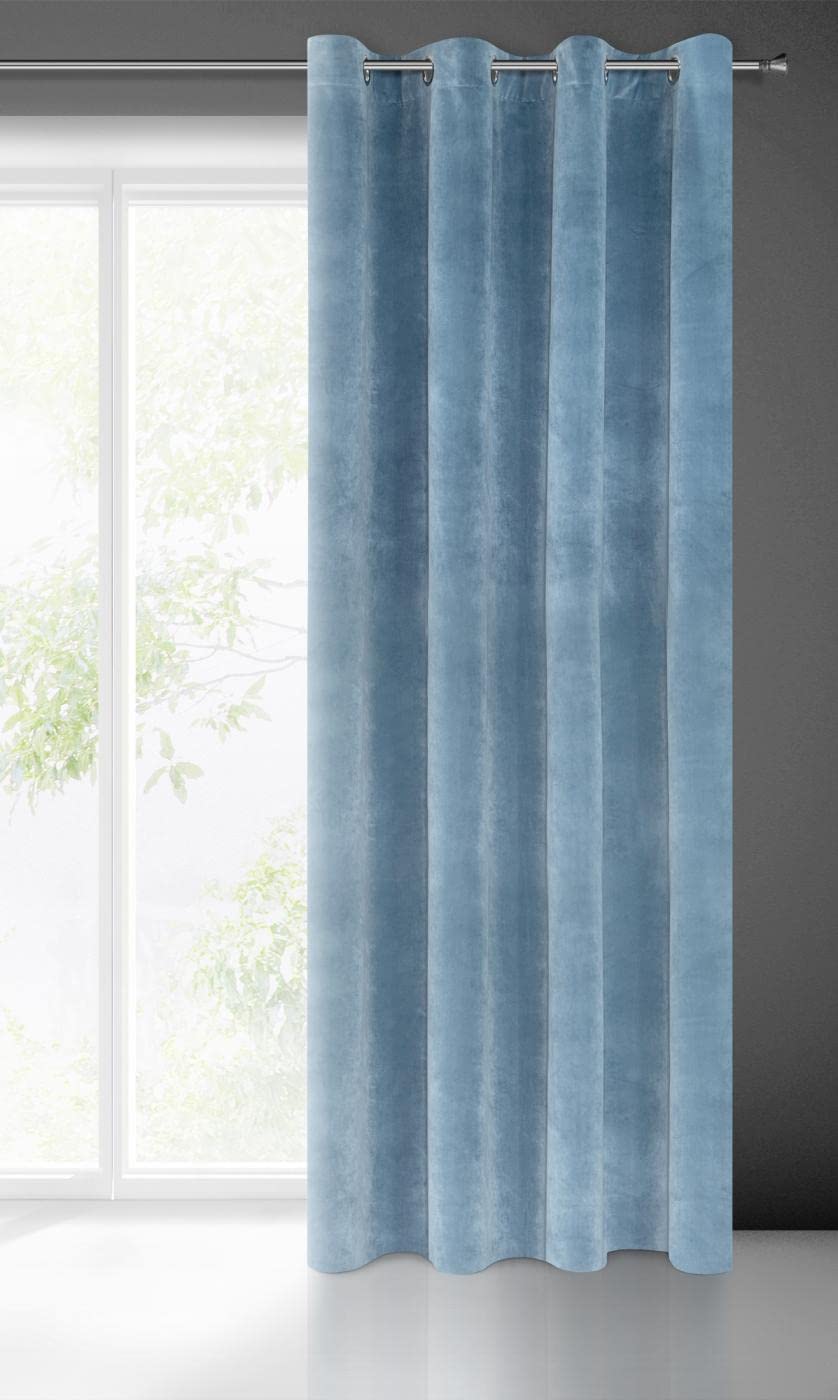 Eurofirany VILLA Soft Plain Opaque Velvet Curtain with Eyelets - 1 Unit, Fluffy Panel Drape Classic Glamour Elegant Living Room, Bedroom, 290 g/m2, W55 x L98, Blue