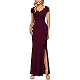 Miusol Women's Retro V Neck Elegant Ruched Split Style Formal Long Dress