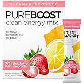Pureboost Clean Energy Booster, Refreshing Energy Drink Mix with B12 Vitamins, Electrolytes, Antioxidants, Sugar-Free with No Sucralose (Strawberry Lemonade, 30 Count)