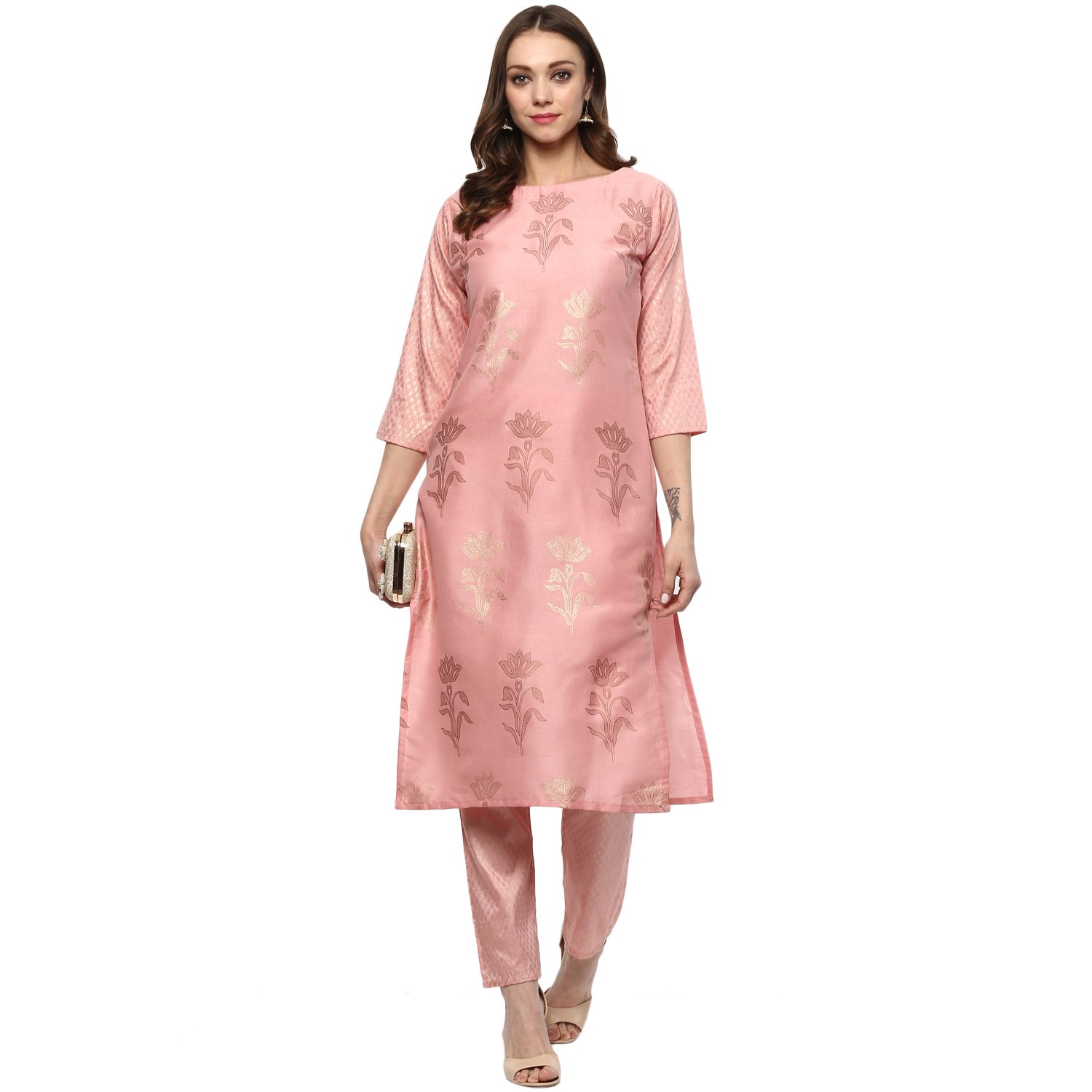 ziyaa women's pink colour straight polysilk gold foil print kurta (zikups2068)