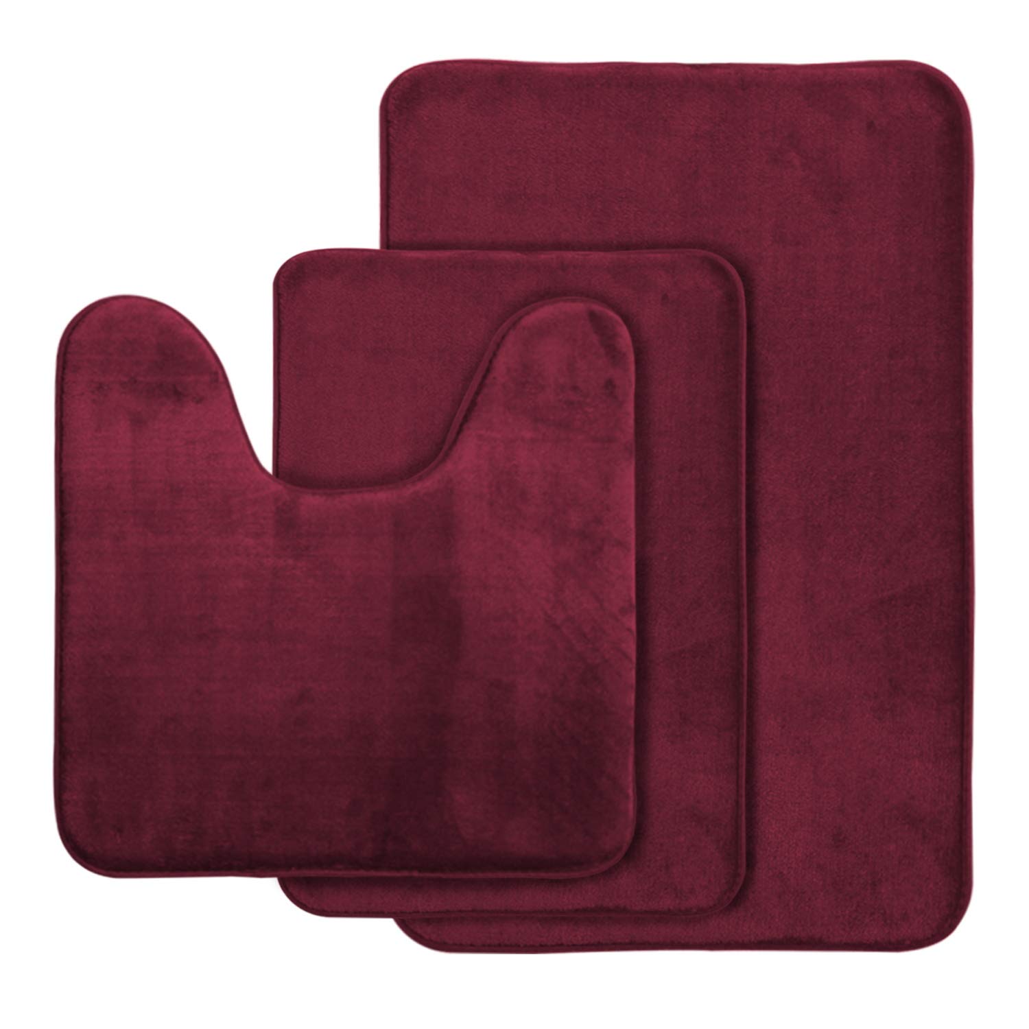 AOACreations Non Slip Memory Foam Bathroom Bath Mat Rug 3 Piece Set, Includes 1 Large 20" x 32", 1 Contour 20" x 20" and 1 Small 17" x 24" (Burgundy)