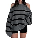 Verdusa Women's Cold Shoulder Crew Neck Sweater Oversized Striped Pullover Sweaters Streetwear Knit Tops