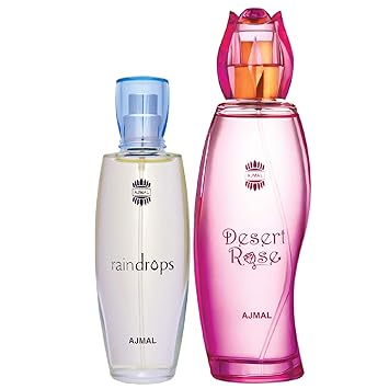 Ajmal Raindrops EDP Floral Chypre Perfume 50ml for Women and Desert Rose EDP Floral Oriental Perfume 100ml for Women + 2 Parfum Testers FREE
