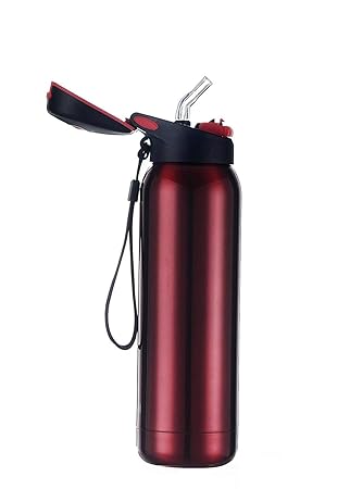 Icy Shots Quick Sip Spill Proof Stainless Steel Thermos Flask, Vacuum Insulated Kids Sipper Water Bottle for School Sports & Gym - Hot and Cold Thermosteel Flasks with Straw, 500 ml (Red)