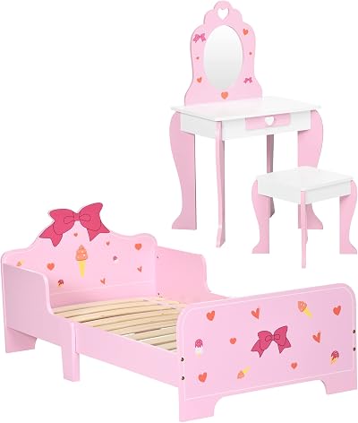 ZONEKIZ 3PC Kids Bedroom Furniture Set Bed Vanity Table Stool Pink Princess