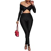 Atyfuniby One Piece Jumpsuits for Women - Sexy Off The Shoulder Twist Front High Waisted Bodycon Rompers Club Night Outfits