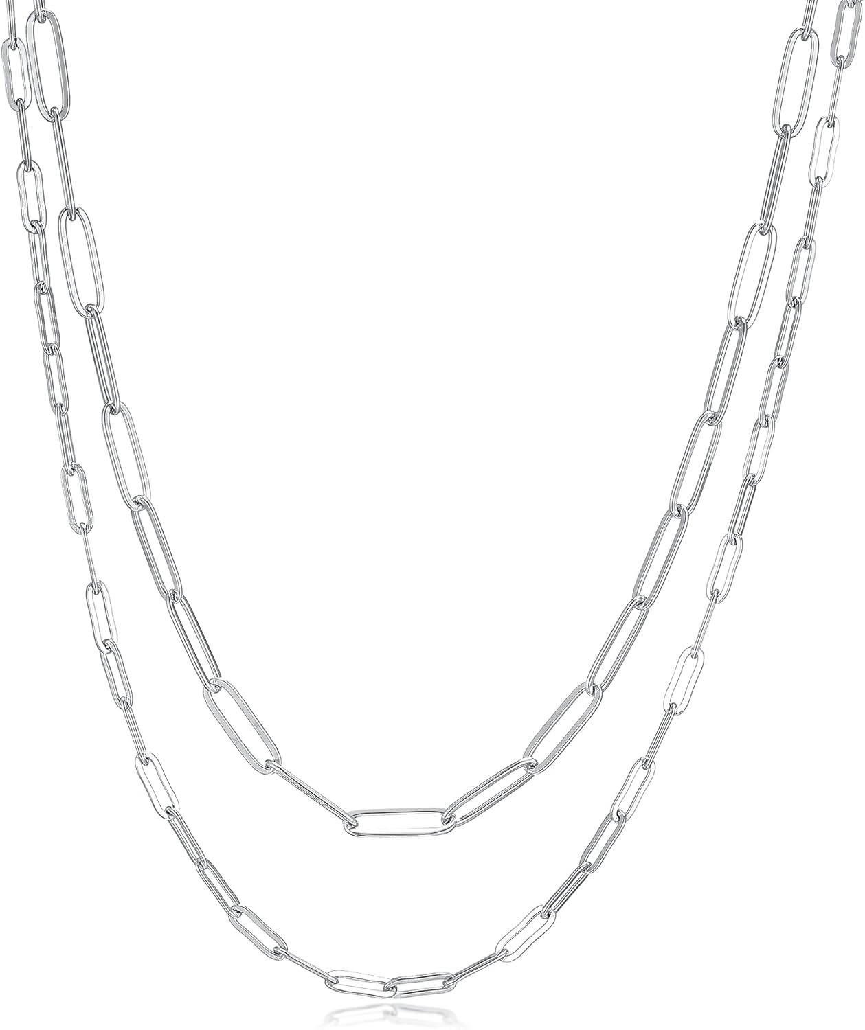 RWQIAN 18k Gold Paperclip Chain Link Necklace Dainty Paperclip Link Chain Layered Necklace Oval Link Chains Initial Necklaces Set for Women Girls (18K Silver Necklace): Clothing