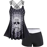 Rosegal Womens Plus Size Modest Skull Rose Print Rings Crisscross Boyshorts Tankini Swimsuit Set