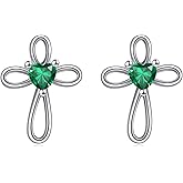 VONALA Cross Stud Earrings 925 Sterling Silver Birthstone Heart Cross Earrings Christian Baptism Religious Jewelry Birthday Christmas Gift for Women