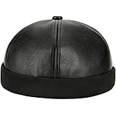Teanea Unisex Faux Leather Docker Cap Brimless Leon Hat Skull Cap Beanie for Men Women