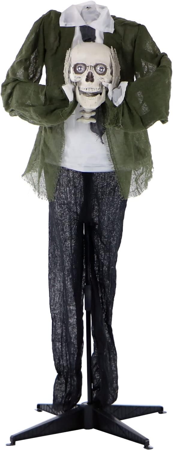 Garden Sculptures & Statues - Haunted Hill Farm Life-Size Animatronic Scary Talking Headless Skeleton with Touch Activated Lights and Sound, Battery-Operated Indoor or Covered Outdoor Halloween Decoration