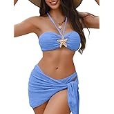 EHSUYAB Sexy Womens Starfish 3 Piece Bikini Set, Textured Halter Bandeau Swimsuit Cover Up Skirt, Bathing Suit Beach Outfits