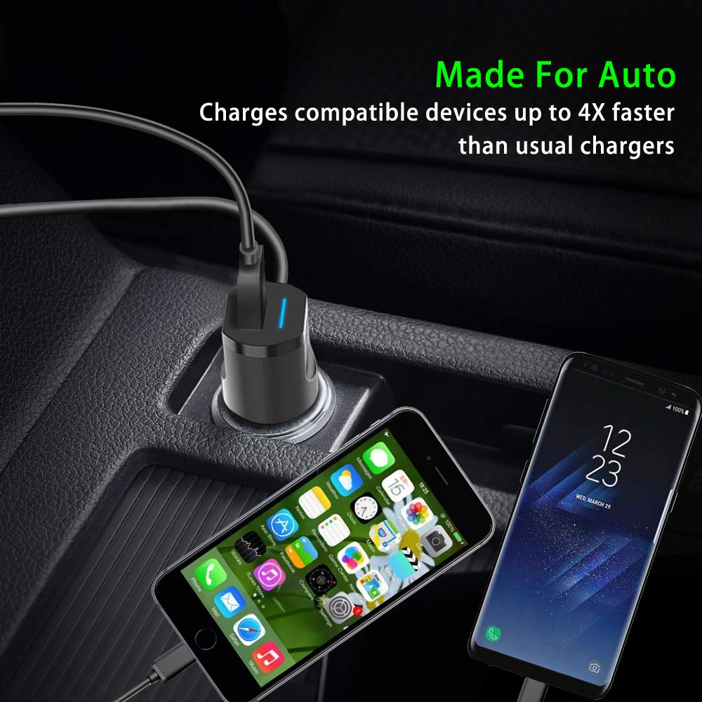 Car Charger, ABKUL 4.8A/24W Dual USB Fast Car Charger with Micro USB Cable, Compatible iPhone Xs Max XR XS X, Galaxy S9 S8, Note9 8, LG, HTC, Nexus 5X 6P, Pixel, iPad Pro/Air 2/Mini and More