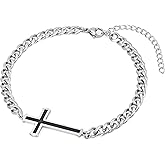 Ailetop Silver Cross Bracelet for Men Teens, Stainless Steel Cuban/Figaro Cross Chain Link Bracelet 5mm 7+2 Inches, Christian Religious Jesus Confirmation Jewelry Gifts for Him