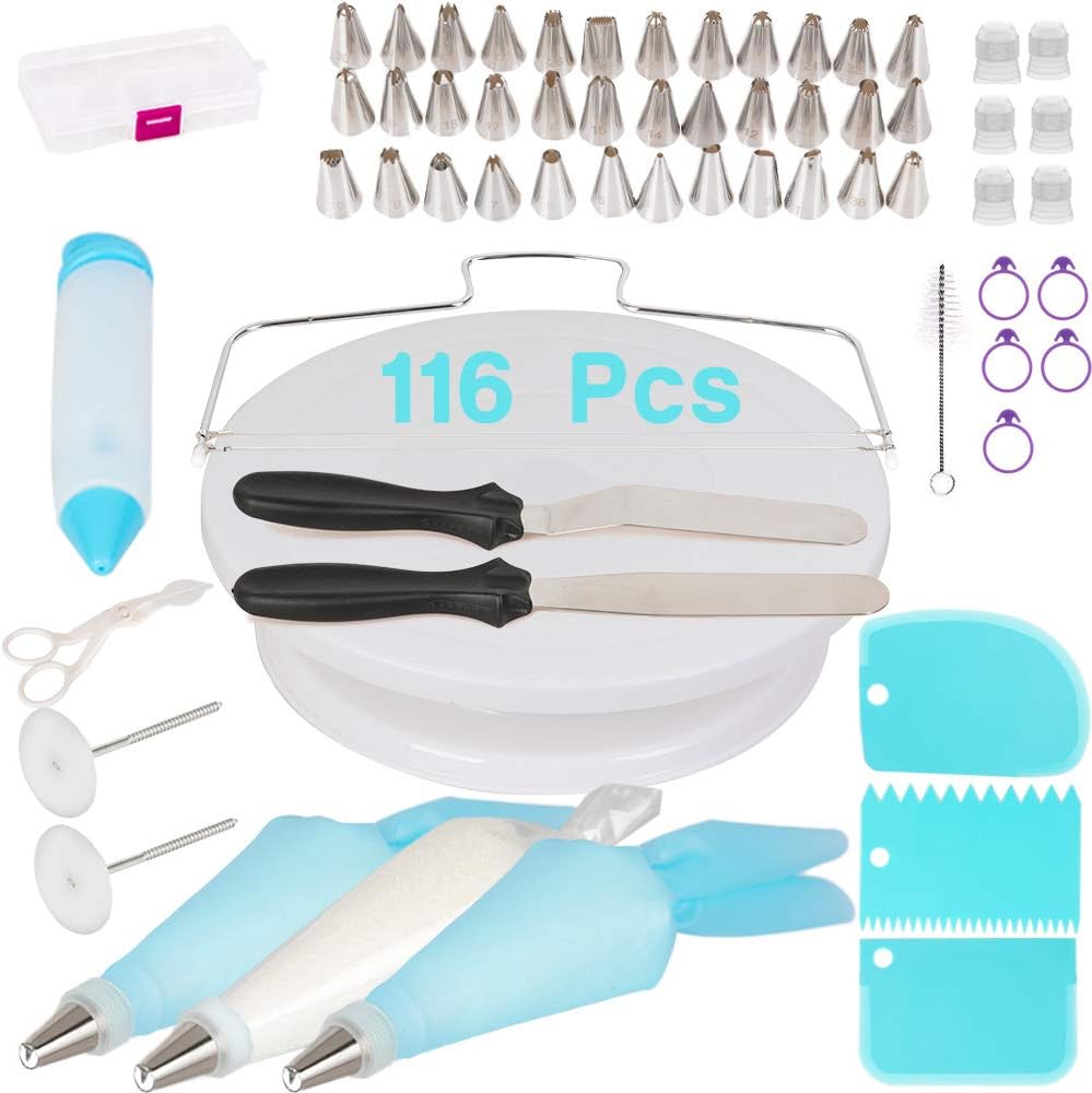 Qozary 116 Pcs Cake Decorating Equipment with 1 Cake Turntable, 2 Icing Spatula, 36 Numbered Stainless Piping Nozzles, 6 Reusable Piping Bags and 50 Disposable Bags (116 Pcs)