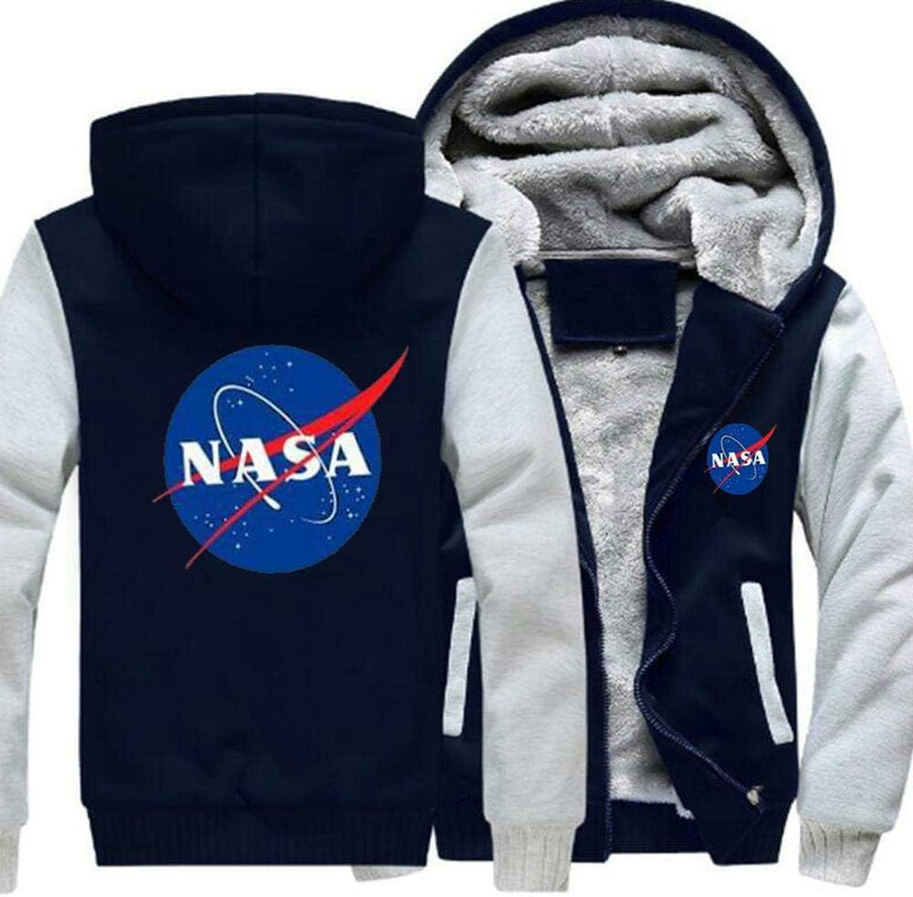 nveada Astronaut NASA Space Agency Winter Thicken Plus Velvet Zip Cardigan Hooded Sweater Men's Jacket Blue-XL