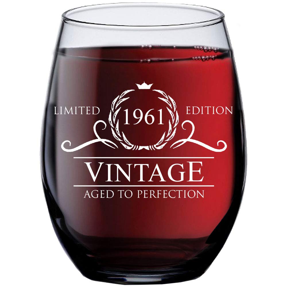 60th Birthday Gifts For Women Men 1961 Vintage 15 Oz Stemless Wine Glass 60 Year Old
