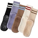 SOXURY Women’s Pilates Yoga Socks with Thick Terry Cushioned Sole – 5 Pairs Non Slip Grip Cotton Mid-Calf Socks for Barre, Gym & Home Workouts Sweat-absorbent
