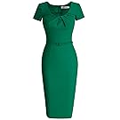 MUXXN Women's 1950s Vintage Short Sleeve Pleated Pencil Dress(M,Green)