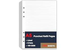 PPCSDQKJGS A5 Lined Paper Refill, 6 Hole Notebook Refills Paper for 6 Ring Refillable Binder, A5 Filler Paper, Loose Leaf Paper for Filofax Planner Refills, Organizer, 100 Sheets/200 Pages, 5.8 x 8.2 Inch