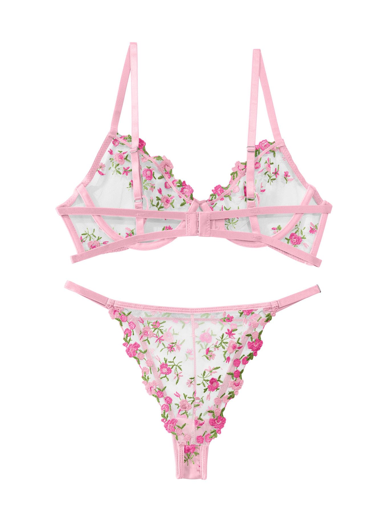 Lilosy Sexy Floral Embroidered Mesh Sheer Underwire Lingerie Set