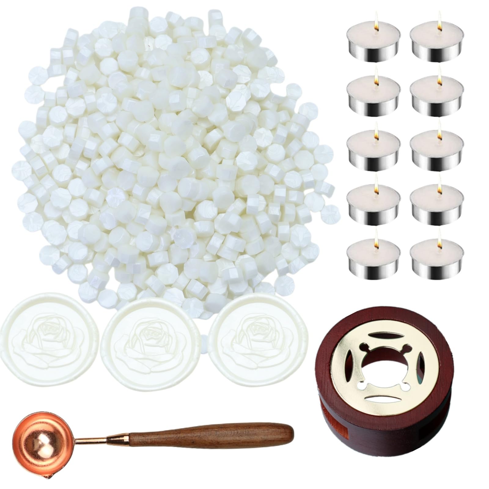 Sealing Wax Beads Kit, Atopbb 300pcs Mixed Red Color Wax Seal Beads, 1pcs Wooden WaxSeal Warmer, 1pcs Melted Spoon and 10pcs Tea Candles for WaxSealing Stamp Kit (300, Pearl White)