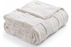 Cozy Bliss Checkered White Faux Rabbit Fur Throw Blanket, Lightweight Fleece Soft Fuzzy Fluffy Minky Cream Furry Blankets for Couch, Bed (50 * 60 Inches Ivory)