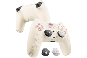PlayVital for PS5 Controller Cover Skin - Cherry Blossoms Kitten Anti-Slip Grip Skin with Thumb Grip & Sticker - Soft Rubber 