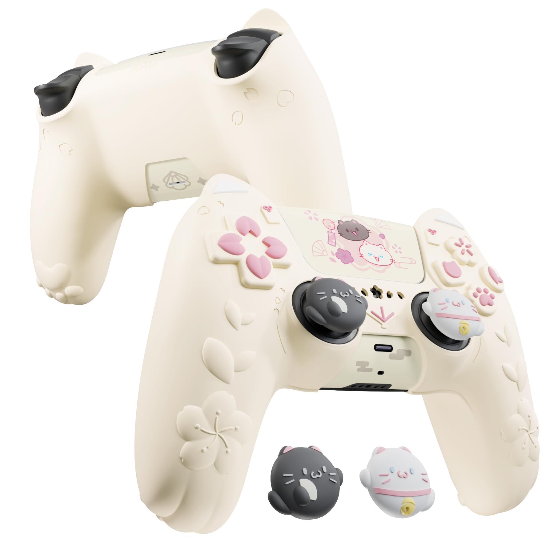 PlayVital for PS5 Controller Cover Skin - Cherry Blossoms Kitten Anti-Slip Grip Skin with Thumb Grip & Sticker - Soft Rubber Protector for PS5 Controller Accessories - Antique Yellow