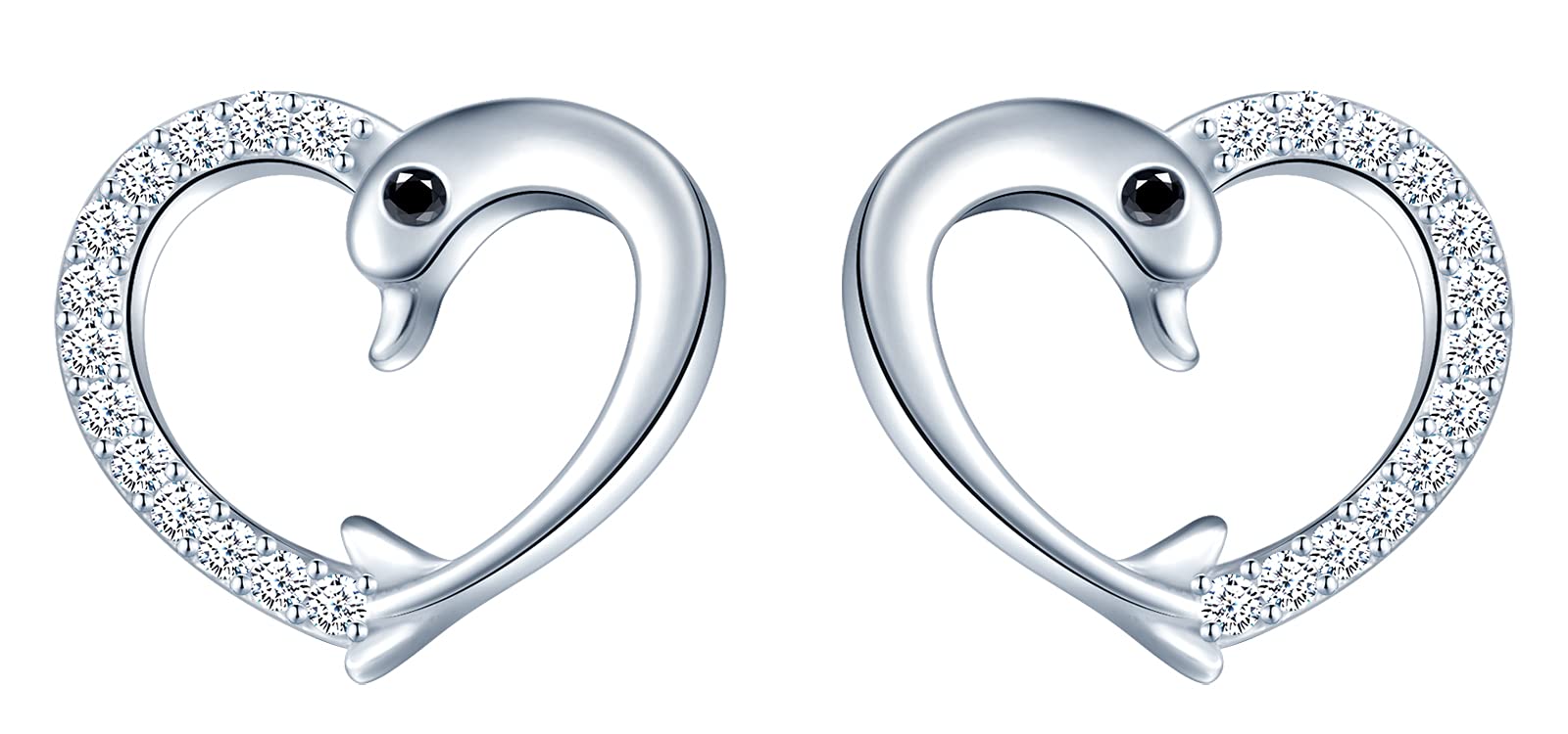 MicLee Woman's girl's Earrings Studs, 925 Sterling silver earrings, Shining heart diamond earrings studs, dolphin studs, Inlaid zircon, elegant and unique, silver