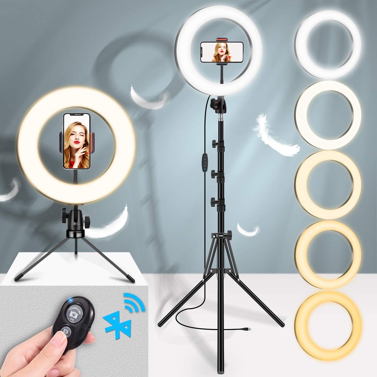Adhope 10'' LED Ring Light with Tripod Stand & Phone Holder, LED Eye-caring Lamps, 5 Lighting Modes Desk Makeup Selfie with Bluetooth Remote, Black, 10W