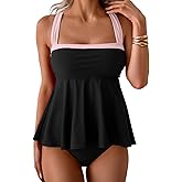 Aidonger Tankini Swimsuit for Women Color Block Tummy Control Two Piece Bathing Suit Slimming Swim Top with Bottom