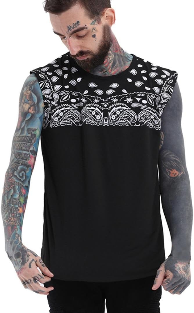Ecurson Men's Print O-Neck T-Shirts Sleeveless Casual Vest Top (L)