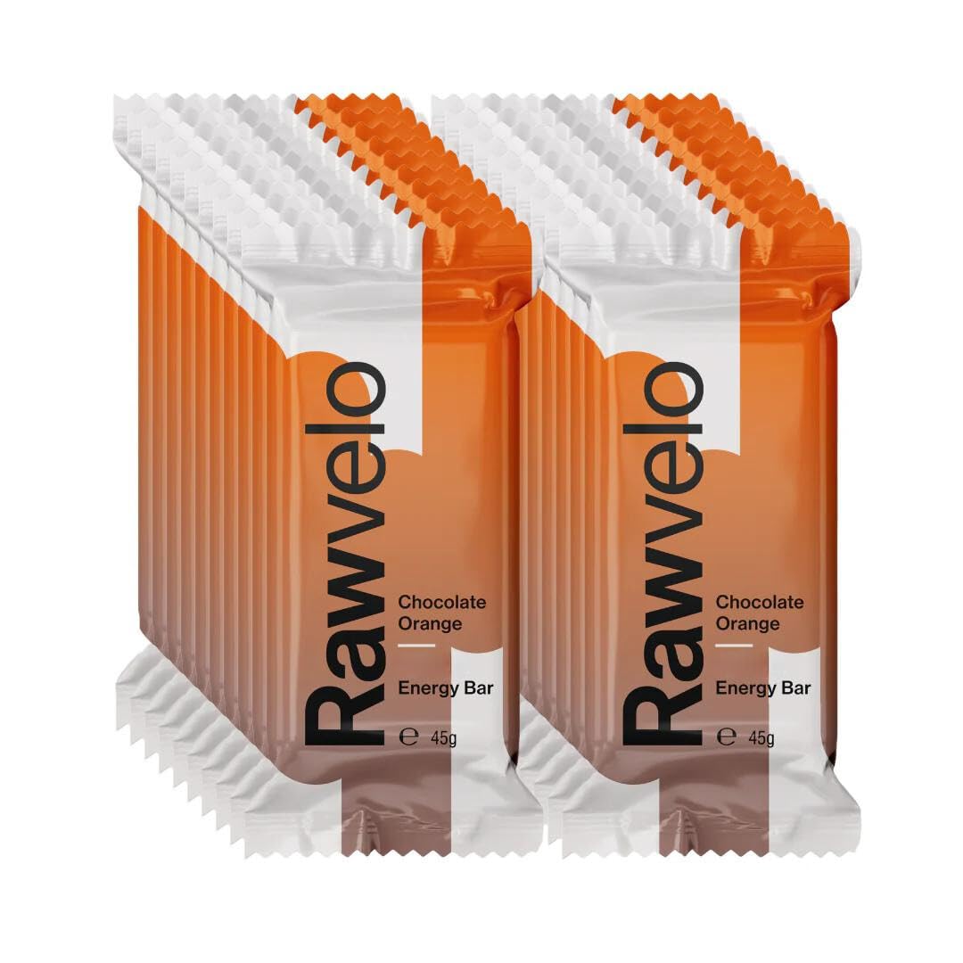 Rawvelo Energy Bars - Chocolate Orange - Wheat & Gluten Free, Vegan Protein Bar, Low on Glycemic Index - Plant-based Sports Nutrition - 24.2g Carb, 4.7g Protein per Bar - 20x45g