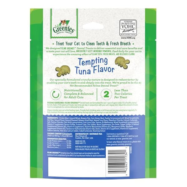 GREENIES CAT TREATS, VETERINARIAN-RECOMMENDED ADULT NATURAL DENTAL CAT TREATS, TEMPTING TUNA FLAVOR, 4.6 OZ. TUB
