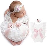 ForBaysy Infant Newborn Photography Props Girl Outfit Lace Romper with Cute Flower Headband Newborn Dress Posing Props