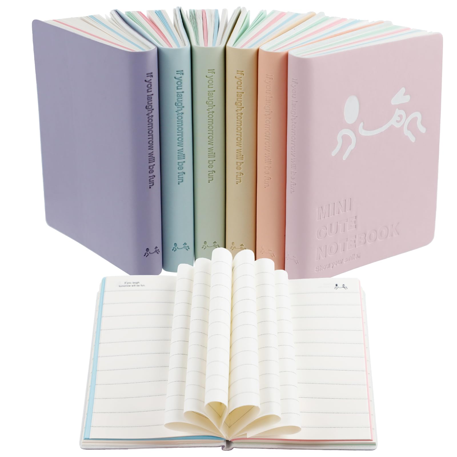 CXRYLZ 6 PCS Small Pocket Notebook, Mini Cute Smiley Journal with PU Leather Cover, Portable Notepad for School Office Teachers Students Class Gifts Party Bags Travel, 100 Pages, 10.5 x 8 cm (Morandi)