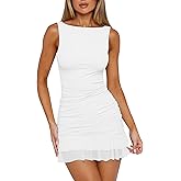 HOCILLE Women's Sexy Bodycon Boat Neck Mini Dresses Sleeveless Ruched Ruffle Hem Club Party Short Dress