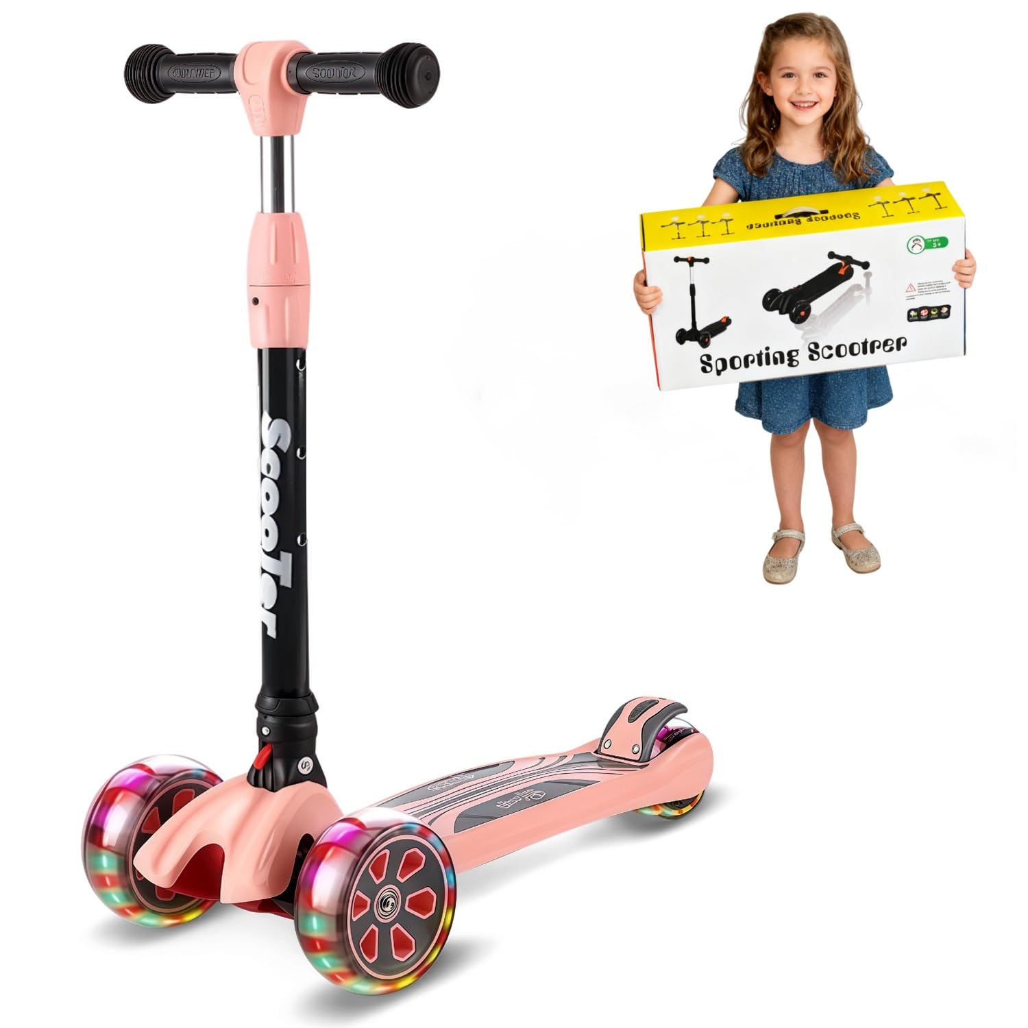 Lyefancy Kids Scooter for 3-13 Years Old Boys Girls, Children 3 Wheel Scooter, Foldable Toddler Scooter, Flashing PU Wheels, 4 Adjustable Height, Lean to Steer, Extra-Wide Deck (Pink)