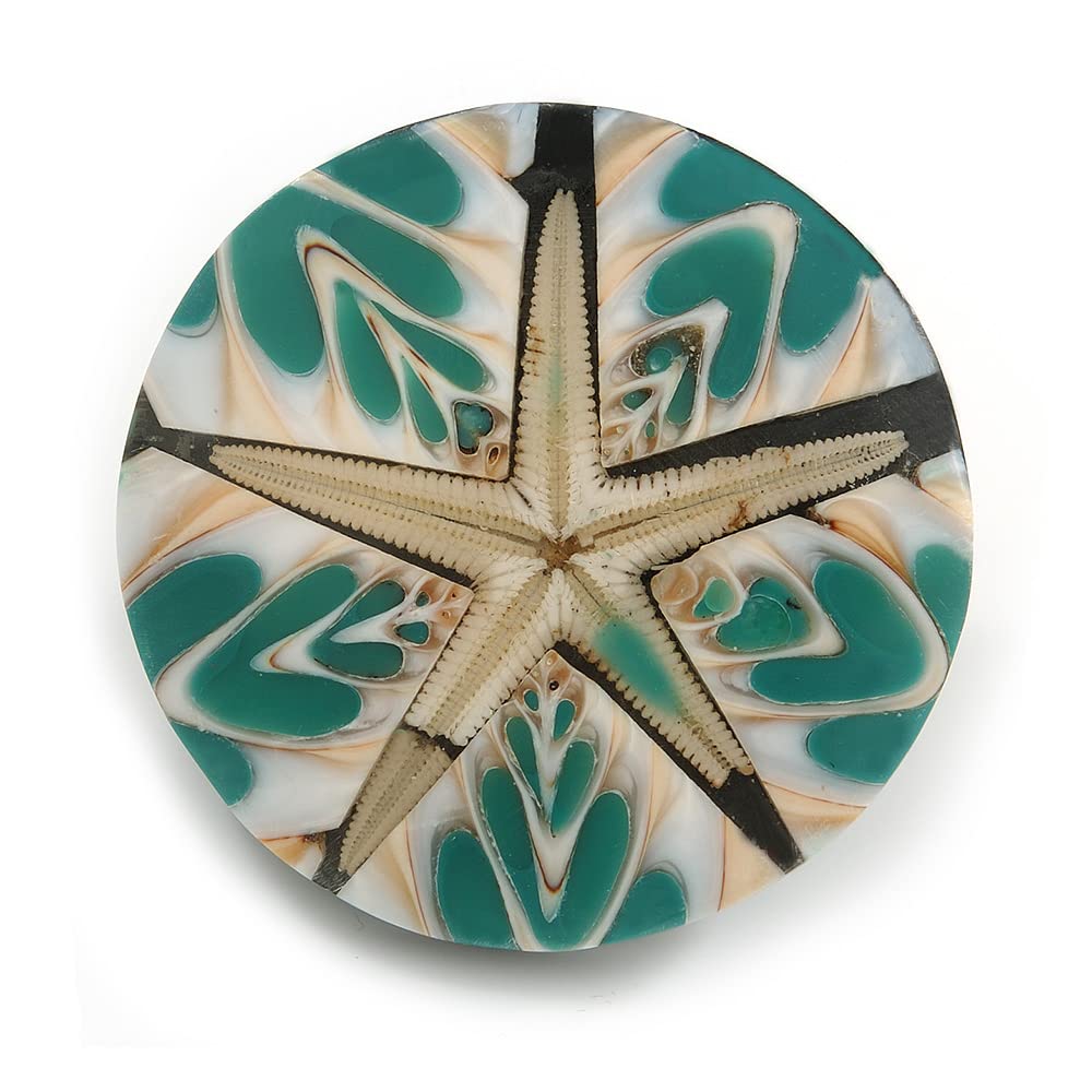 40mm L/Round Sea Shell Brooch/Teal/White/Cream Shades/Handmade/Slight Variation In Colour/Natural Irregularities