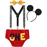 FYMNSI Baby Boys 1st Birthday Cake Smash Costume Photo Props 4PCS Outfits Suspender Bloomers Bowtie Headband