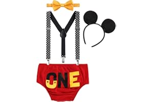 FYMNSI Baby Boys 1st Birthday Cake Smash Costume Photo Props 4PCS Outfits Suspender Bloomers Bowtie Headband