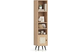 Giantex 6-Tier Tall Narrow Bookcase, 54 Inches Slim Storage Cabinet with Adjustable Shelf and Boho Style Rattan Door, Space-S