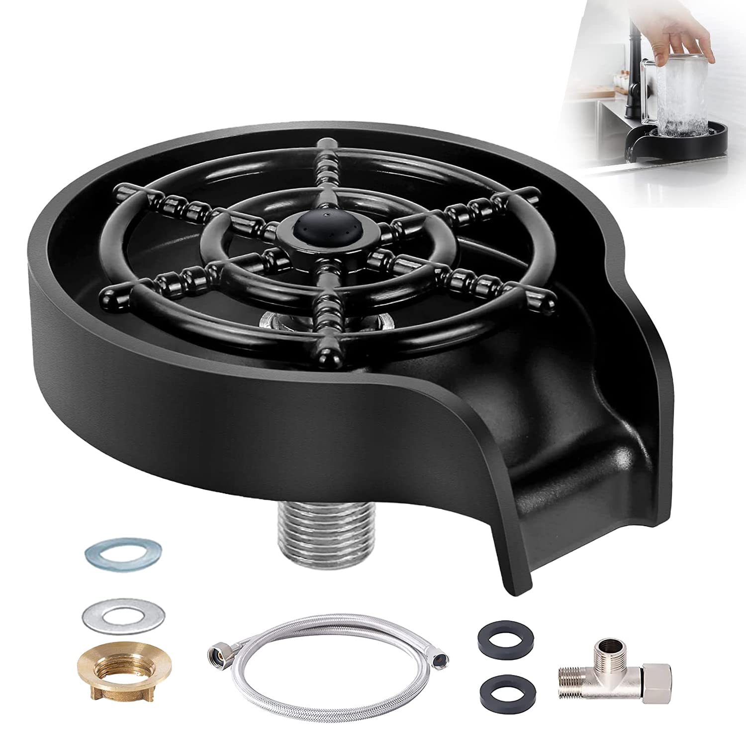 Glass Rinser for Kitchen Sink,Bottle Washer Cleaner 9 Powerful Jets Stainless Faucet Glass Cup Rinser Kitchen Sink Accessories for Home Bar (Black)