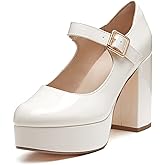 Coutgo Womens' T-Strap Round Toe Chunky Platform Heels Patent Mary Jane Dress Shoes
