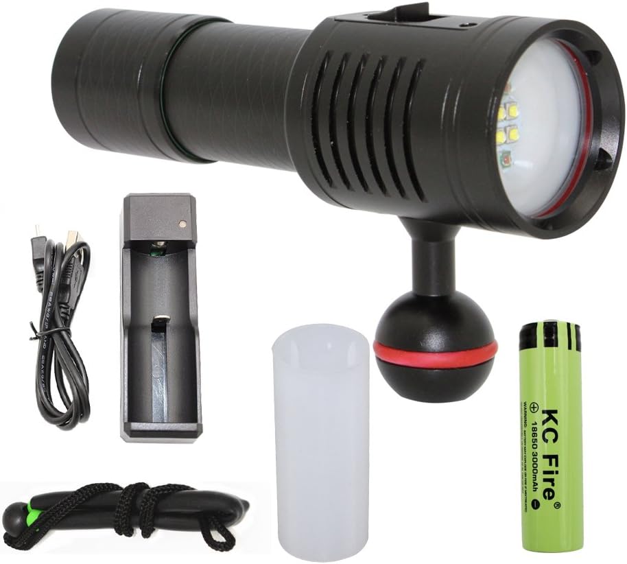 Scuba Diving Torch Flashlight, Whaitfire LED Flashlight Underwater 100M Photography Photo Video 4 XP-G2 White LED + 2 XPE Red LED 6 Modes Tactical Torch with 18650 Rechargeable Battery Pack